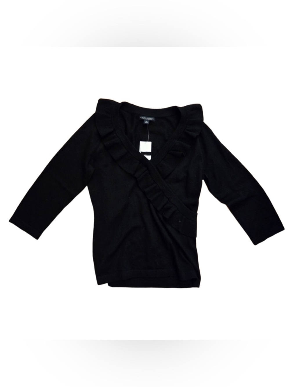 Banana Republic Black Extra Fine Merino V Neck Wrap Style Ruffle Trim Sweater